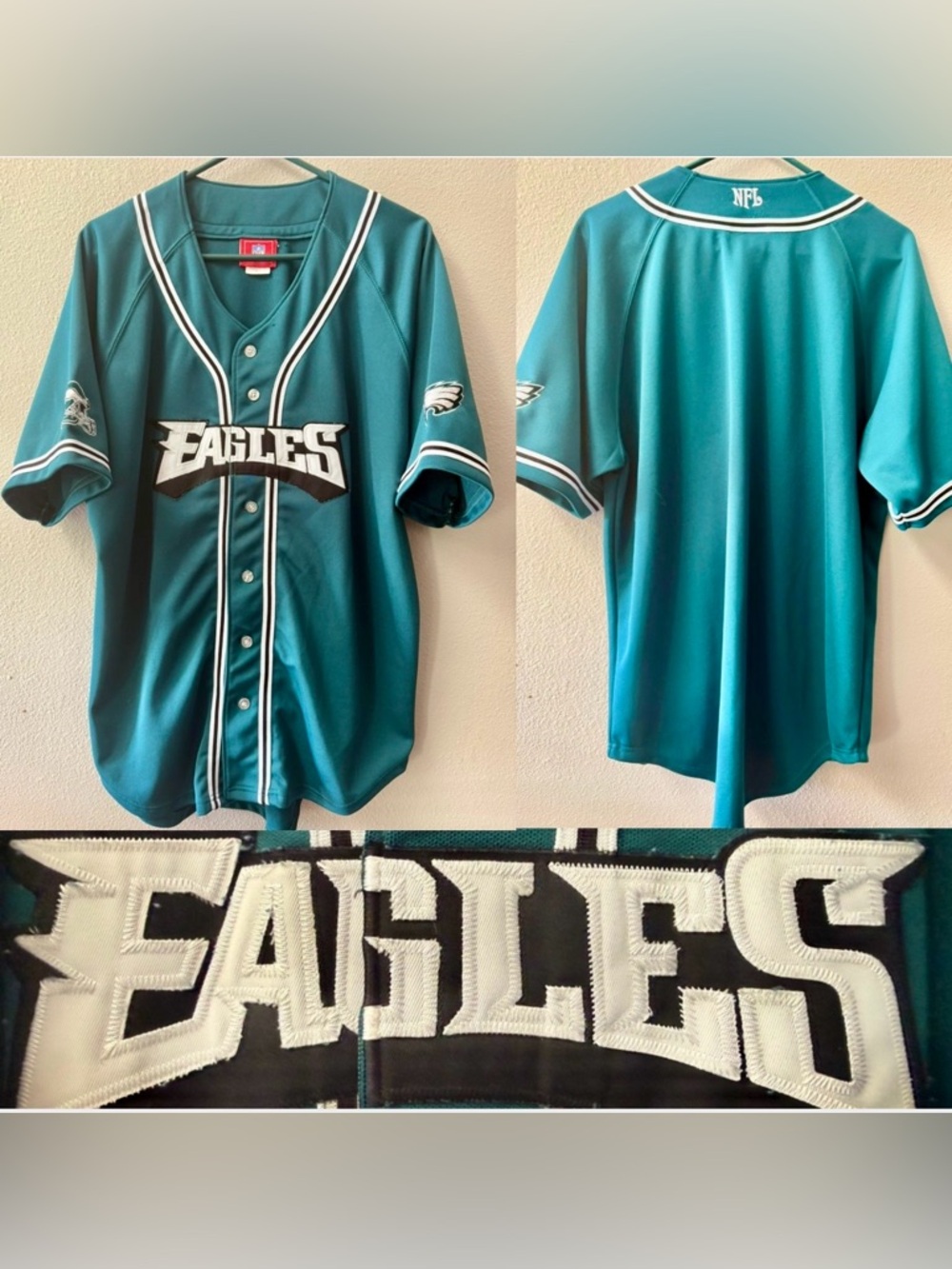 Vintage Philadelphia Eagles Heavyweight Stitched Baseball Jersey Green Mens L